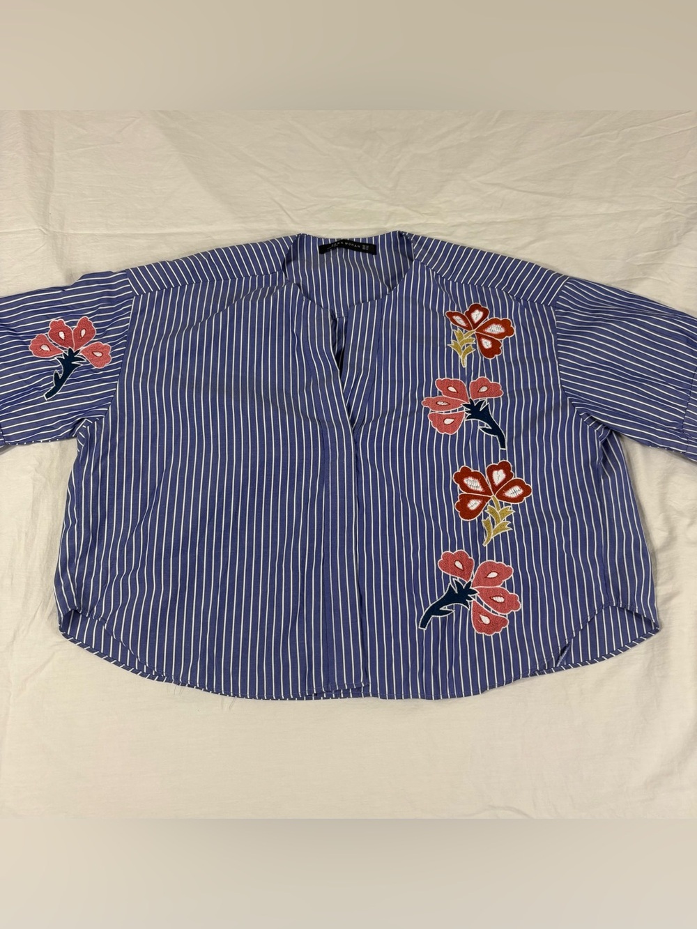 Zara Women Blue Striped Embroidered Button Up Crop Top XS